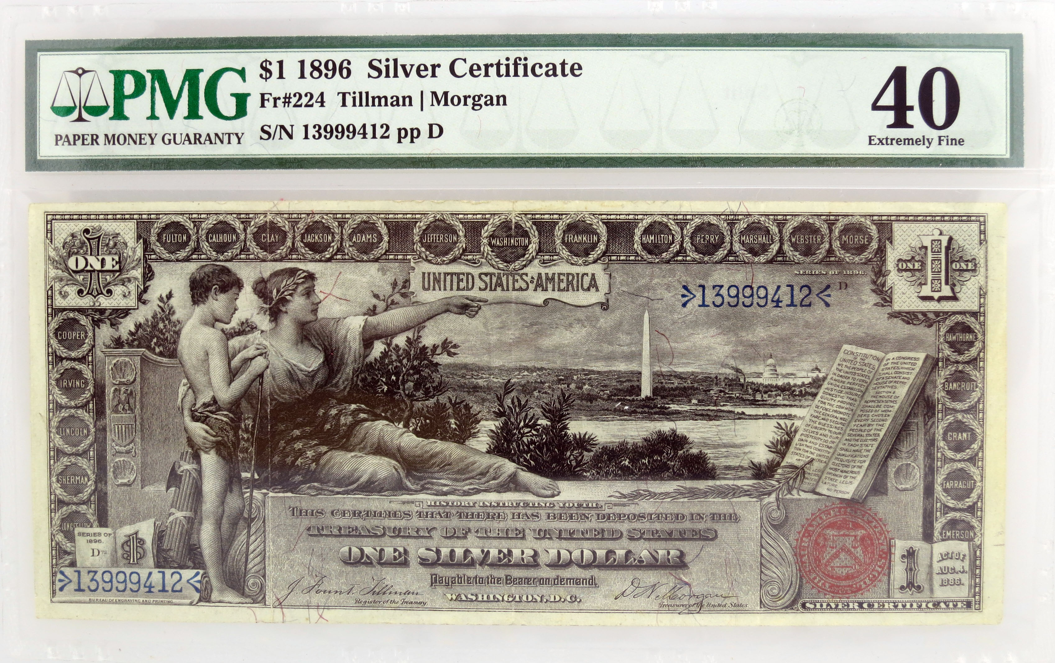 Series of 1896 $1 Educational Silver Certificate Fr#224 PMG XF40 Split