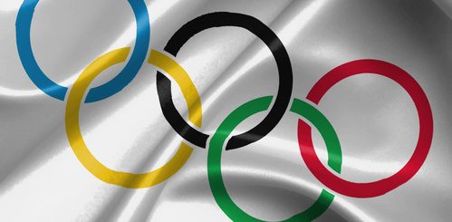 Satin flag with emblem, the olympic rings