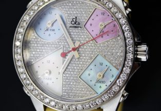 Jacob Co 40mm Steel Pave Diamond Bezel MOP Pastel 5 Time Zone Quartz Watch