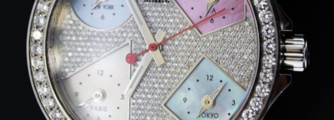 Jacob Co 40mm Steel Pave Diamond Bezel MOP Pastel 5 Time Zone Quartz Watch