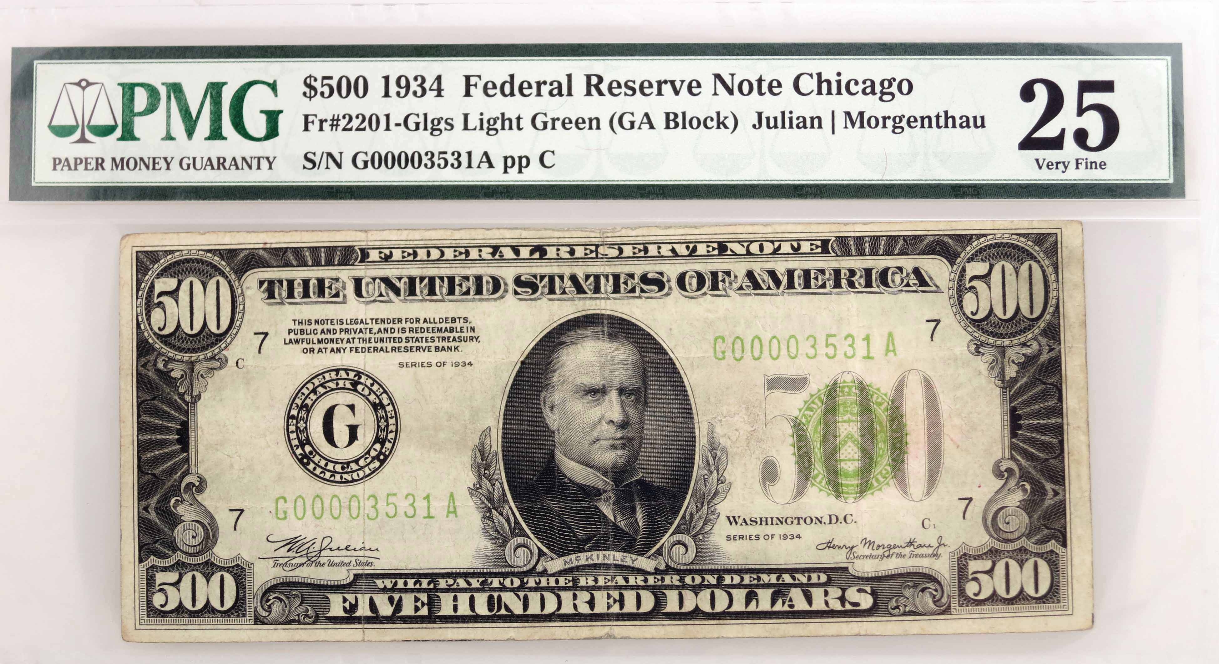 Series Of 1934 $500 Bill FRN Chicago Fr#2201-Glgs GA Block PMG VF25 ...