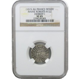 1015-36 France Denier Maine Roberts-4122 Herbert I NGC XF45