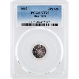 1662 Large 2 Oak Tree Two Pence Massachusetts Colonial PCGS VF20