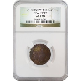 (c. 1670) New Jersey St. Patrick Copper 1/4 Penny Farthing NGC VG8 BN