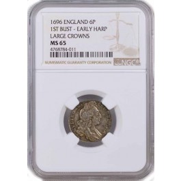 1696 6P Six Pence Silver England William III 1st Bust Early Harp S-3520 NGC MS65
