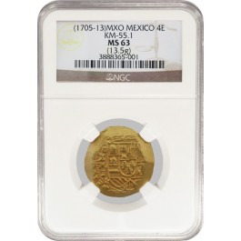 1705-1713 Mexico Gold 4 Escudos Date Off Flan KM-55.1 NGC MS63