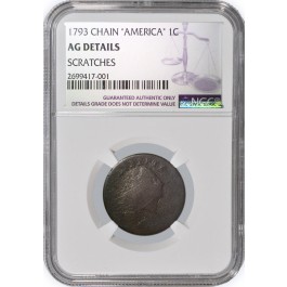 1793 1C Flowing Hair Chain Reverse "America" Large Cent NGC AG Details