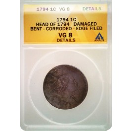 1794 Head of 1794 Liberty Cap 1c Large Cent ANACS VG8 Details