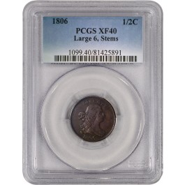 1806 1/2C Draped Bust Large 6 Stems Half Cent PCGS XF40