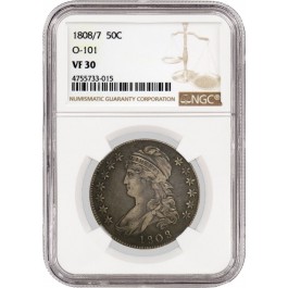 1808 1808/7 50C Capped Bust Half Dollar O-101 8 Over 7 Overdate NGC VF30