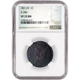 1811/0 1C Classic Head Large Cent S-286 Overdate NGC VF25 BN Circulated Coin