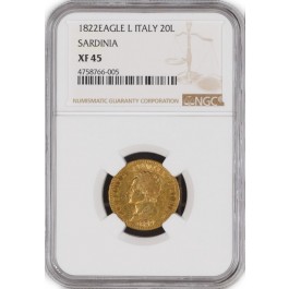 1822 Eagle L 20 Lire Gold Sardinia Italian States Carlo Felice NGC XF45