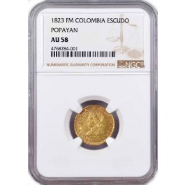1823 POPAYAN FM Colombia Republic 1 Escudo Gold NGC AU58