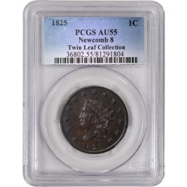 1825 1C Coronet Head Large Cent Newcomb 8 PCGS AU55 Twin Leaf Collection