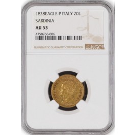 1828 Eagle P 20 Lire Gold Sardinia Italian States Carlo Felice NGC AU53