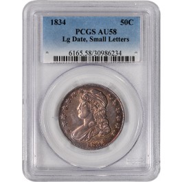 1834 50C Capped Bust Silver Half Dollar Large Date Small Letters PCGS AU58 Toned