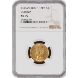 1836 Anchor P 20 Lire Gold Sardinia Italian States Carlo Alberto NGC AU55