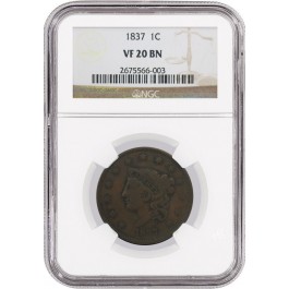 1837 1C Young Head Medium Letters Large Cent NGC VF20 BN