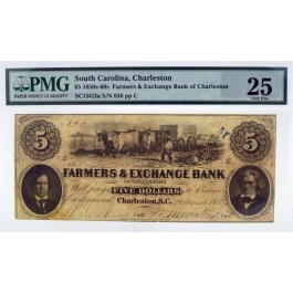 1853 $5 Farmers & Exchange Bank of Charleston Obsolete Banknote PMG VF25