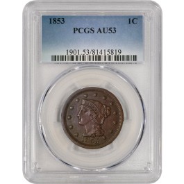 1853 1C Braided Hair Large Cent PCGS AU53