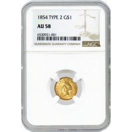 1854 $1 Liberty Head Head Gold Dollar Type 2 NGC AU58 About Uncirculated Coin