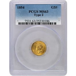 1854 $1 Indian Princess Head Type 2 Gold Dollar PCGS MS63 Brilliant Uncirculated