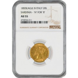 1855 Eagle B 20 Lire Gold Sardinia Vittorio Emanuele H for II  Error NGC AU55