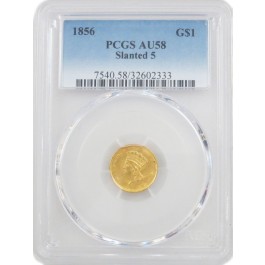 1856 Indian Princess Head Type 3 Slanted 5 $1 Gold Graded PCGS AU58