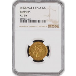 1857 Eagle B 20 Lire Gold Sardinia Italian States Vittorio Emanuele II NGC AU58