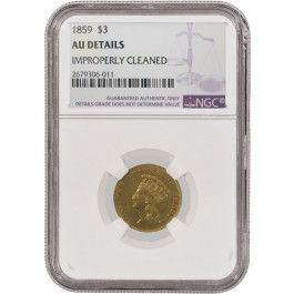 1859 $3 Indian Princess Head Gold NGC AU Details
