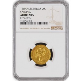 1860 Eagle B 20 Lire Gold Sardinia Vittorio Emanuele II NGC AU Details Repaired