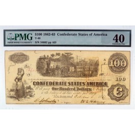 1862 $100 Confederate States of  America BankNote T-40 PMG EF40