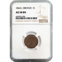 1864 1C Indian Head Cent Bronze With L On Ribbon NGC AU58 BN Coin