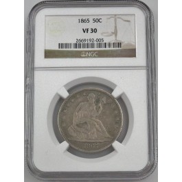 1865 P Seated Liberty Half Dollar 50c. Silver Graded VF30 by NGC Nice Original Coin!
