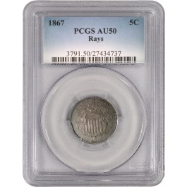 1867 Rays 5C Shield Nickel PCGS AU50