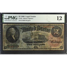 Series Of 1869 $2 Legal Tender Rainbow Treasury Note Fr#42 PMG F12 Tape Repairs