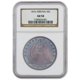 1874 Arrows Seated Liberty Half Dollar NGC AU58 Toned