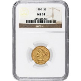 1880 $5 Liberty Head Half Eagle Gold NGC MS62 Uncirculated Coin