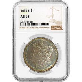 1885 S $1 Morgan Silver Dollar NGC AU58 Key Date Coin Rainbow Toned