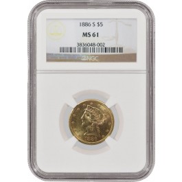 1886 S $5 Liberty Head Half Eagle Gold Variety 2 NGC MS61
