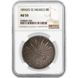 1894 ZS FZ 8 Reales Silver Zacatecas Mexico First Republic NGC AU55 Coin