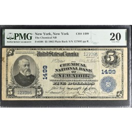 1902 $5 The Chemical NB Of New York Plain Back Charter #1499 Fr#598 PMG VF20