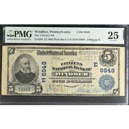 1902 $5 The Citizens NB Of Windber Pennsylvania Charter #6848 Fr#598 PMG VF25