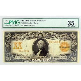 Series of 1906 $20 Orange Seal Gold Certificate Fr#1185 Ch VF35 PMG