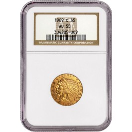 1909 O $5 Indian Head Half Eagle Gold NGC AU55