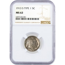 1913 S Type 1 5C Buffalo Nickel NGC MS62 Uncirculated Coin
