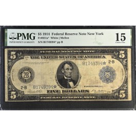 Series Of 1914 $5 Federal Reserve Star Note New York Fr#851a* PMG Choice Fine 15