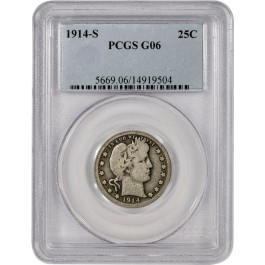 1914 S 25C Barber Quarter Silver PCGS G6 Good Circulated Key Date Coin