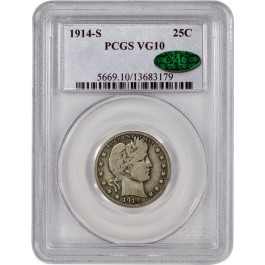 1914 S 25C Barber Quarter Silver PCGS VG10 CAC Circulated Key Date Coin
