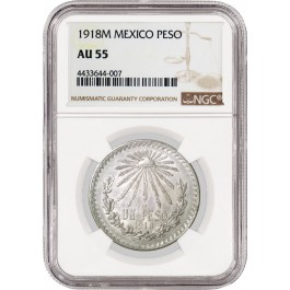 1918M Mexico City Silver Peso NGC AU55 About Uncirculated Coin